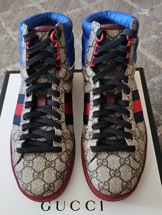 Gucci Other - Gucci Men’s High-Top Sneakers in Light Gray Monogram with Blue & Red Accents
